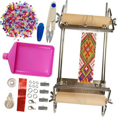 hobbyworker The Second Generation Adjustable Bead Loom Kit with Seed Beads,Large Eye Curved Beading Needle, Funnel Tray,Lobster Clasp,Open Ring and Bead Mat for Jewelry Making kit