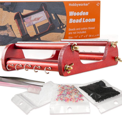 hobbyworker The Wooden Bead Loom Kit with Tweezer and 3 Bags Seed Beads for Jewelry Making Tool,Make Bracelets Necklaces Keychains and Belts