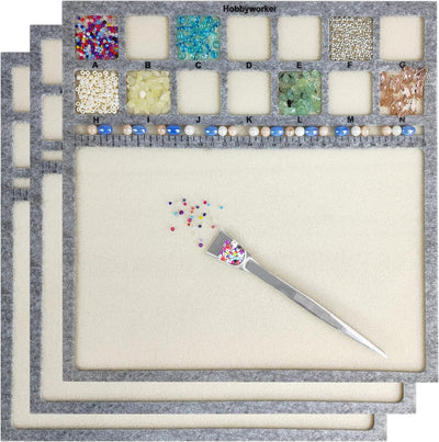 hobbyworker The Bead Mat 3 Pcs Set(M) Soft Perfect Stable,Surface Flocking with Centimeter Scale and Stainless Steel Handy Tweezers with Scoop for Jewelry Making Beading Supplies