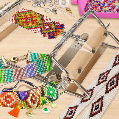 hobbyworker The Second Generation Adjustable Bead Loom Kit with Seed Beads,Large Eye Curved Beading Needle, Funnel Tray,Lobster Clasp,Open Ring and Bead Mat for Jewelry Making kit